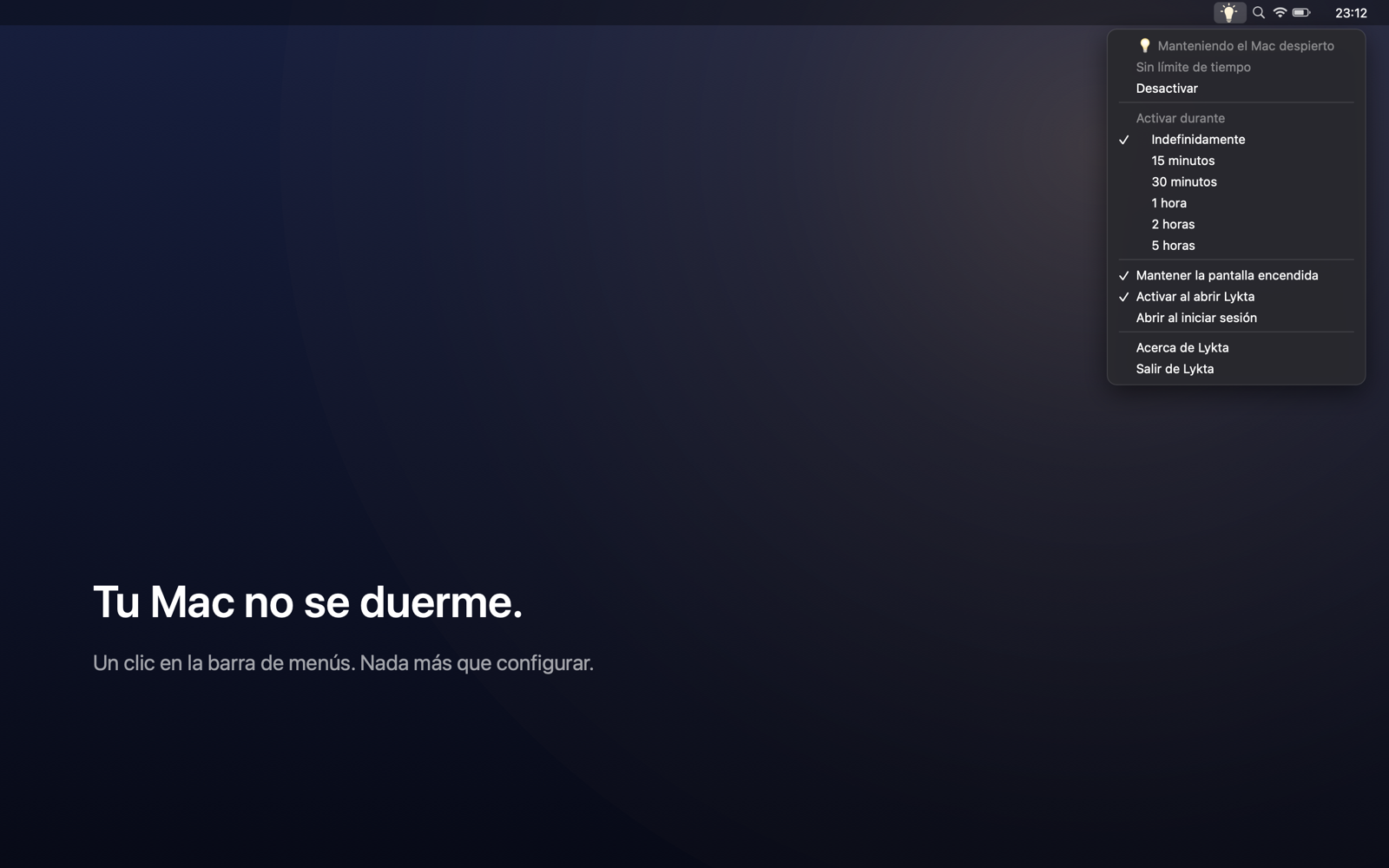 El menú de Lykta abierto en la barra de menús de macOS, con las opciones de duración